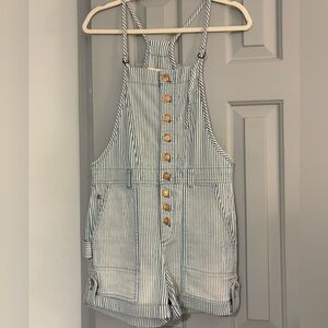 Anthropologie Pilcro Blue and White Striped Railroad Overalls
